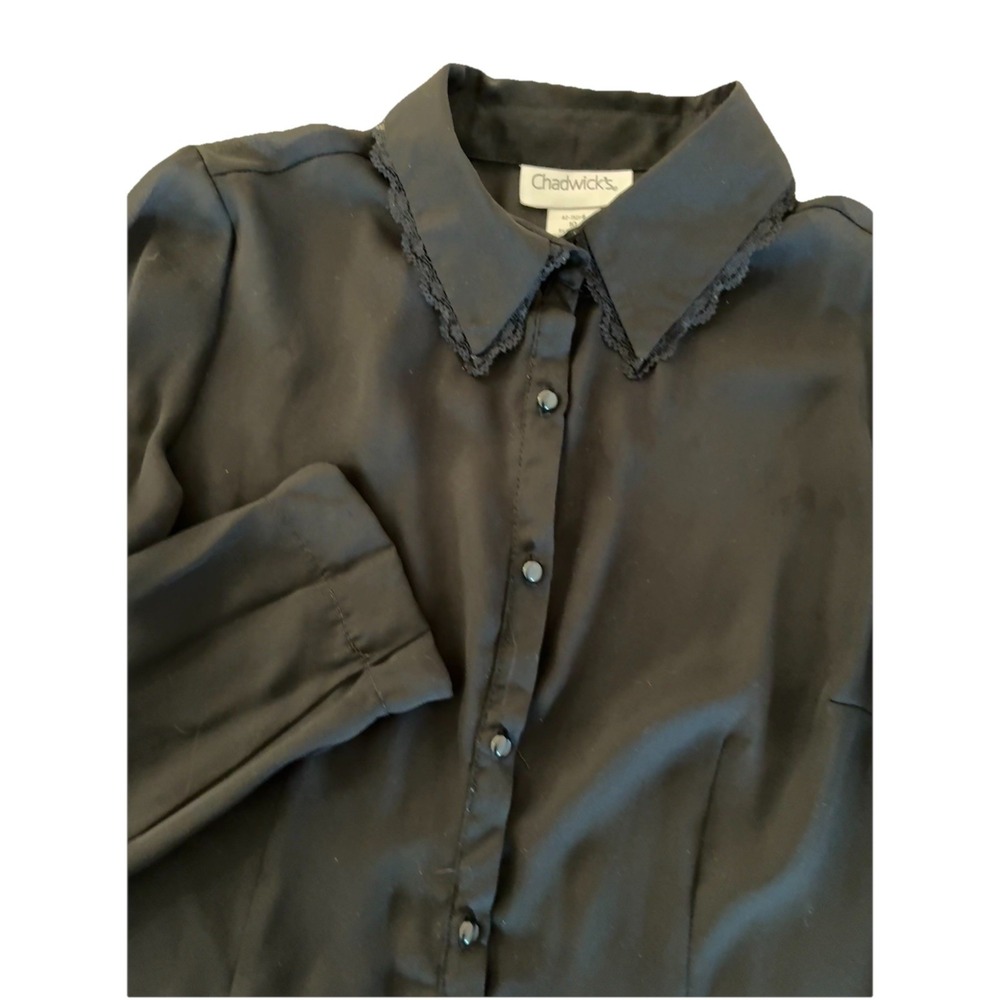 Vintage Chadwick's Blouse Black Women's 10 Black Lace Trim Collar 80s 90s